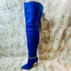 Mata Bright Blue Faux Suede Wide Top 4" Thigh High Boots